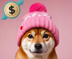 shiba inu dog wearing a pink knitted hat