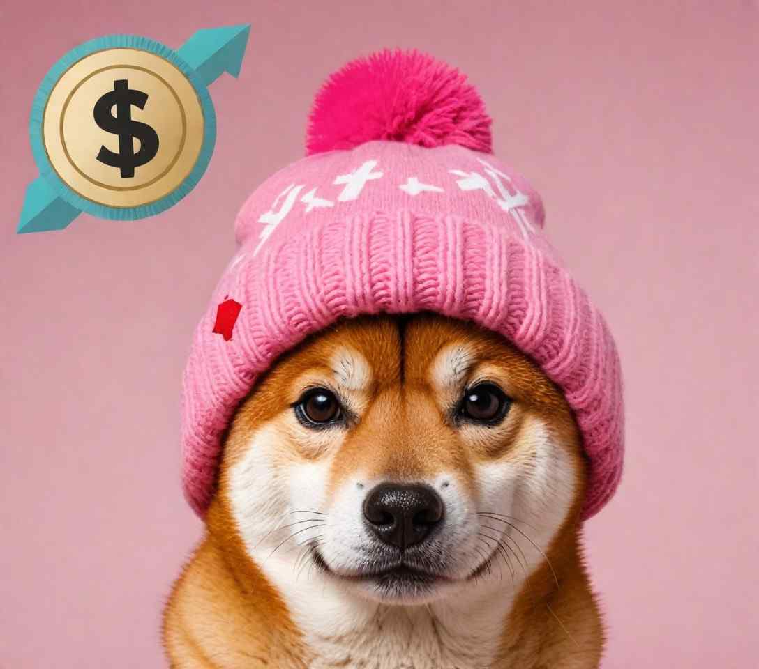 shiba inu dog wearing a pink knitted hat